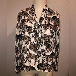 H&M Cream Multi Blouse Size 6 Retro Bengal Cat Print